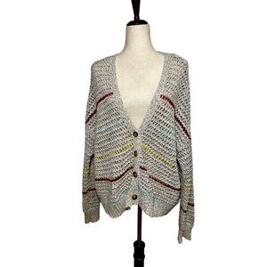 ModCloth Open Knit Cardigan Sweater L — Slouchy Boho Striped Button Front Cozy L